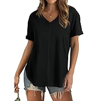 WIHOLL Short Sleeve Tops for Women V Neck Summer Tshirts Seamed Rolled Sleeve Shirts Dressy Casual