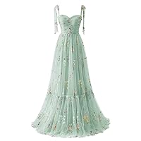 Tulle Prom Dresses for Women Flower Embroidery A-Line Formal Evening Party Gowns
