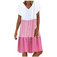 Women Polka Dot Stripes Patchwork Swing T-Shirt Dress Summer Fashion Casual Loose Fit Short Sleeve V Neck Dresses
