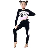 Kids Girls Crop Top Boss Babe Print Black Hooded Top & Trendy Legging Outfit Set