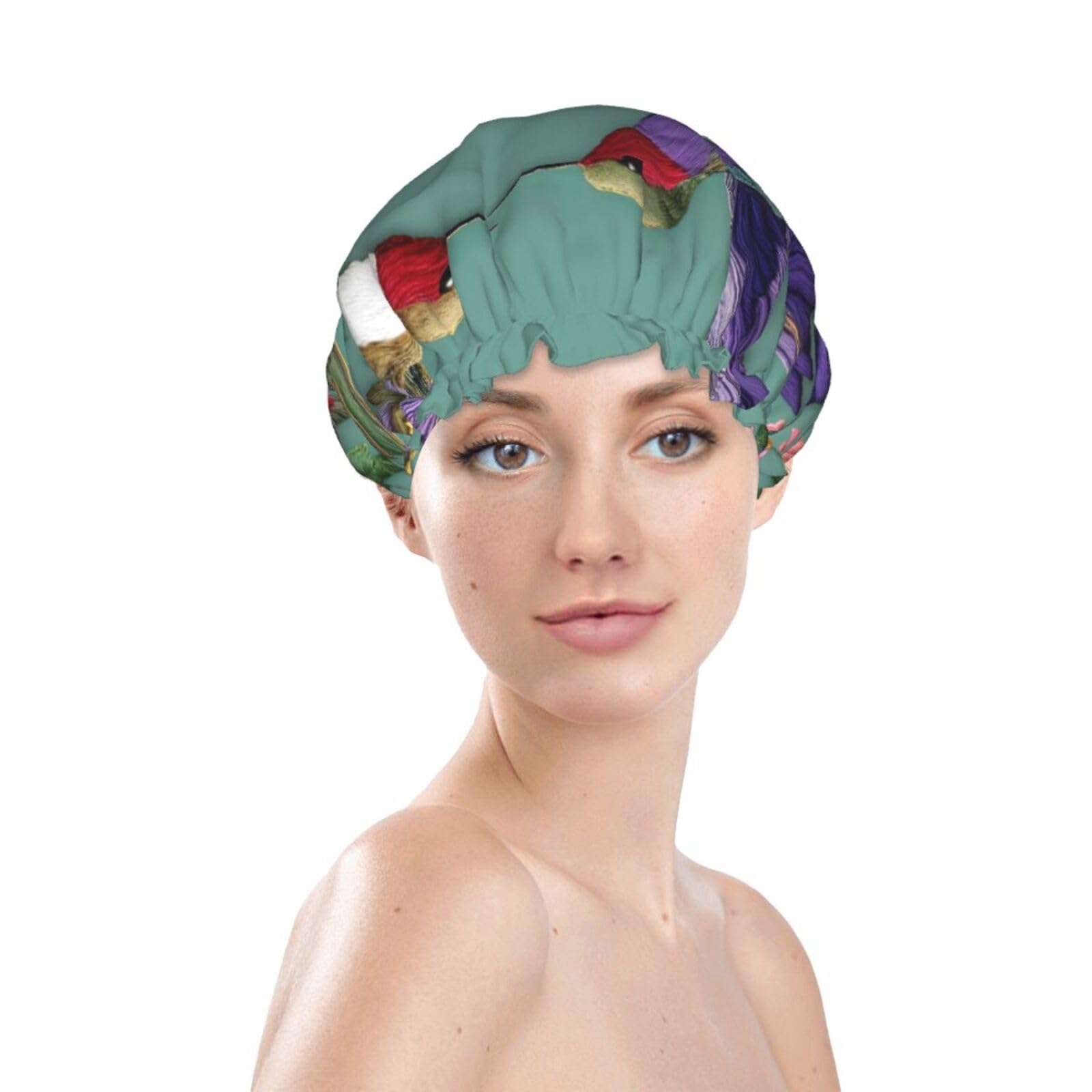 Double Layer Waterproof Shower Cap for Women,Portable Hair Protection for Long Hair,Versatile Bath Accessory Flower Hummingbirds Embroiderys