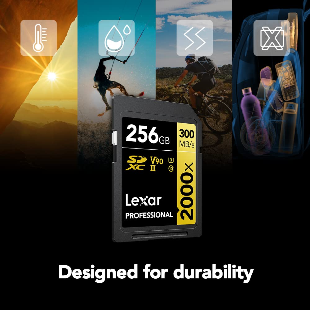 Lexar Professional 2000x 256GB SDXC UHS-II Memory Card, C10, U3, V90, Full-HD & 8K Video, Up To 300MB/s Read, for DSLR, Cinema-Quality Video Cameras (LSD2000256G-BNNNU)