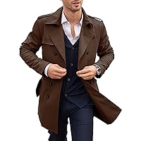 PASLTER Mens Trench Coat Notched Lapel Double Breasted Long Jacket Windbreaker Overcoat Pea Coat