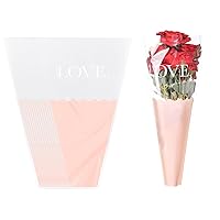 WSERE 50 Pieces Flower Bouquet Bags, Clear Floral Wrapping Bag Single Rose Sleeves with Ribbons for Birthday Mother's Day, Pink