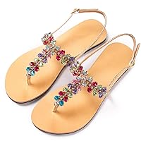 Women`S Summer Diamond Sandals Flat Beach Crystal Shoes Lady T-Strap Thong Flip Flops Slippers Plus Size Golden 6.5