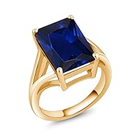 Gem Stone King 18K Yellow Gold Plated Silver Blue Created Sapphire Solitaire Ring For Women (10.00 Cttw, Emerald Cut 14X10MM, Available 5,6,7,8,9)