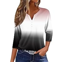 V Neck 3/4 Sleeve Tops for Women Gradient Summer Button Down Casual 2024 Trendy Pullover Tees Fashion Tshirt