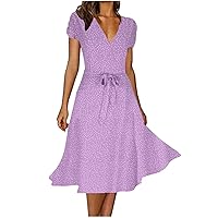 Women Summer Polka Dots Belted High Waist Casual Dress Fashion Puff Short Sleeve V Neck Flowy A-Line Dresses