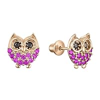 14K White Gold Plated Round Simulated Diamond Ear Studs Owl Stud Earrings with Cuibc Zirconia For Girls