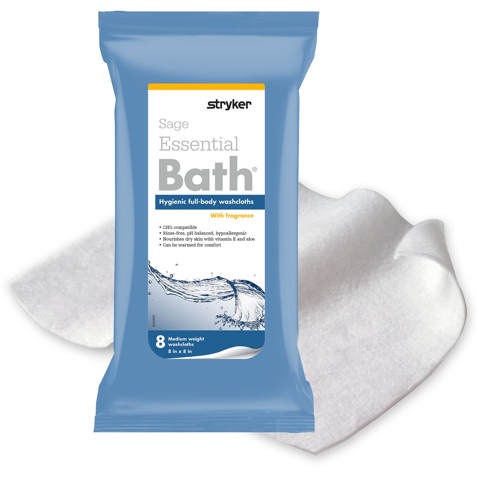 Stryker - Sage Essential Bath Cleansing Washcloths - 1 Package, 8 Cloths - Fresh Scent, No-Rinse Bathing Wipes, Ultra-Soft and Medium Weight Cloth, Hypoallergenic