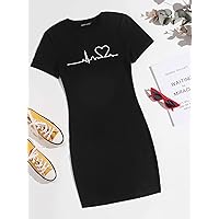 Dresses for Women Heart Print Bodycon Dress (Color : Black, Size : X-Small)