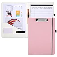Pink Leather Clipboard Folio with A4 Note Pads Pocket, 4 Storage Pouch & 2 Pen Loops, Business Padfolio Clipfolio File Folder for Work School Nurse