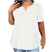 Women's Plus Size Tops Summer Solid V Neck Tunic Dressy Blouse Casual Loose Short Sleeve Tee Eyelet Embroidery T Shirt