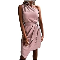 Women's Sexy Party Dress One Shoulder Sleeveless Tie Belted Trendy Ruched Asymmetric Bodycon Cocktail Dress