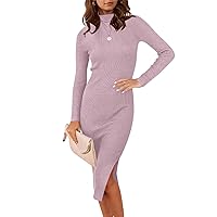 ANRABESS Women Long Sleeve Turtleneck Slim Fit Ribbed Knit Slit Cocktail Party Sweater Midi Dress 2024 Trendy Fall Outfits