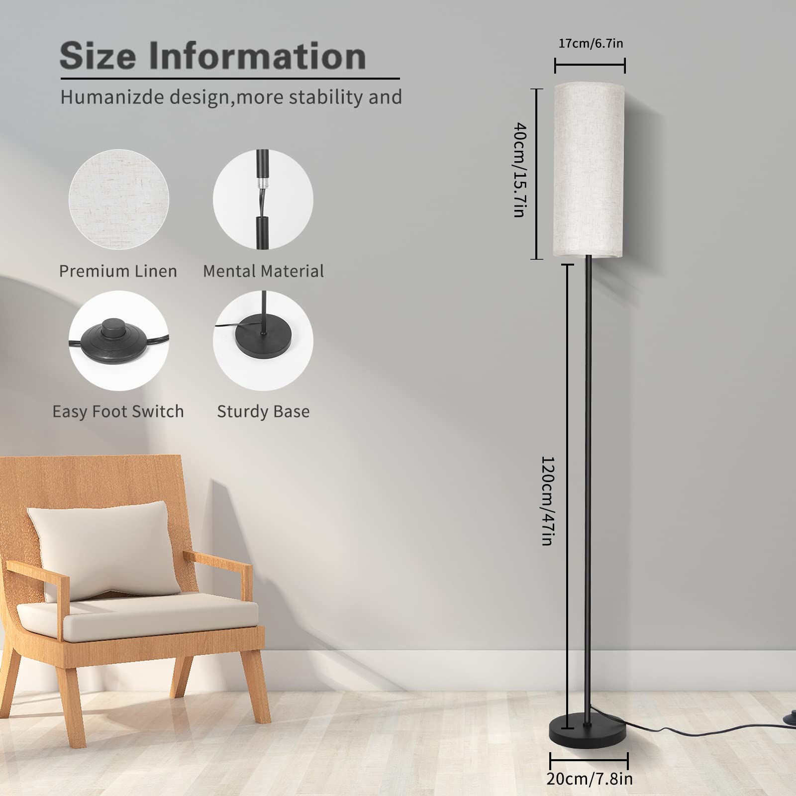 Karjoefar Floor Lamp for Living Room, Modern Floor Lamp with Remote Control, Stepless Dimmable 12W Bulb Included, Standing Lamp Tall Lamps for Living Room Bedroom