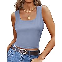 MEROKEETY Women's Sleeveless Cropped Tank Tops Summer Scoop Neck Double Lined Basic Workout Cami Shirts