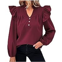 Womens Long Sleeve V Neck Ruffle Trim Tops Lantern Sleeve Solid Tees Fashion Decoration Button Casual Loose Blouses