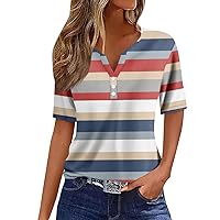 Summer Tops for Women Striped V Neck Button Down Blouse Comfortable Short Sleeve Essential Spring Summer T-Shirts Tees