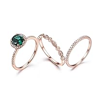 7mm Treated Round Green Emerald Bridal Ring Set,Diamond HALO Thin Band 14k Rose Gold,Half Eternity Rings