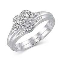 925 Sterling Silver 0.10 Cttw Diamond Heart Frame Halo Engagement Bridal Ring Set (I-J/I2-I3)