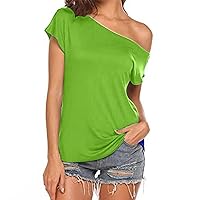 Basic One Shoulder Short Sleeve Tops for Womens Summer Trendy Sexy Casual Loose Fit Backless T-Shirts for Work