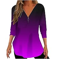 Womens Tops Dressy Casual 3/4 Length Sleeve V Neck Shirts and Blouses Zip Up T Shirts Gradient Color Graphic Tees