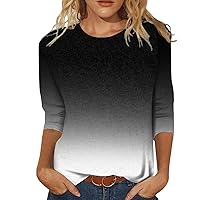 Tops for Women Casual Fall Crew-Neck 3/4 Sleeve Elegant Print Pullover Loose T-Shirt