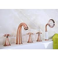 Antique Red Copper Brass Deck 5 Holes Bathtub Mixer Faucet Handheld Shower Widespread Bathroom Faucet Set Basin Water Tap