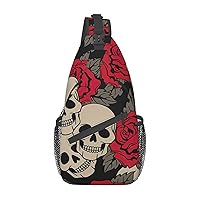 Black Skull With Roses Sling Backpack, Multipurpose Travel Hiking Daypack Rope Crossbody Shoulder Bag