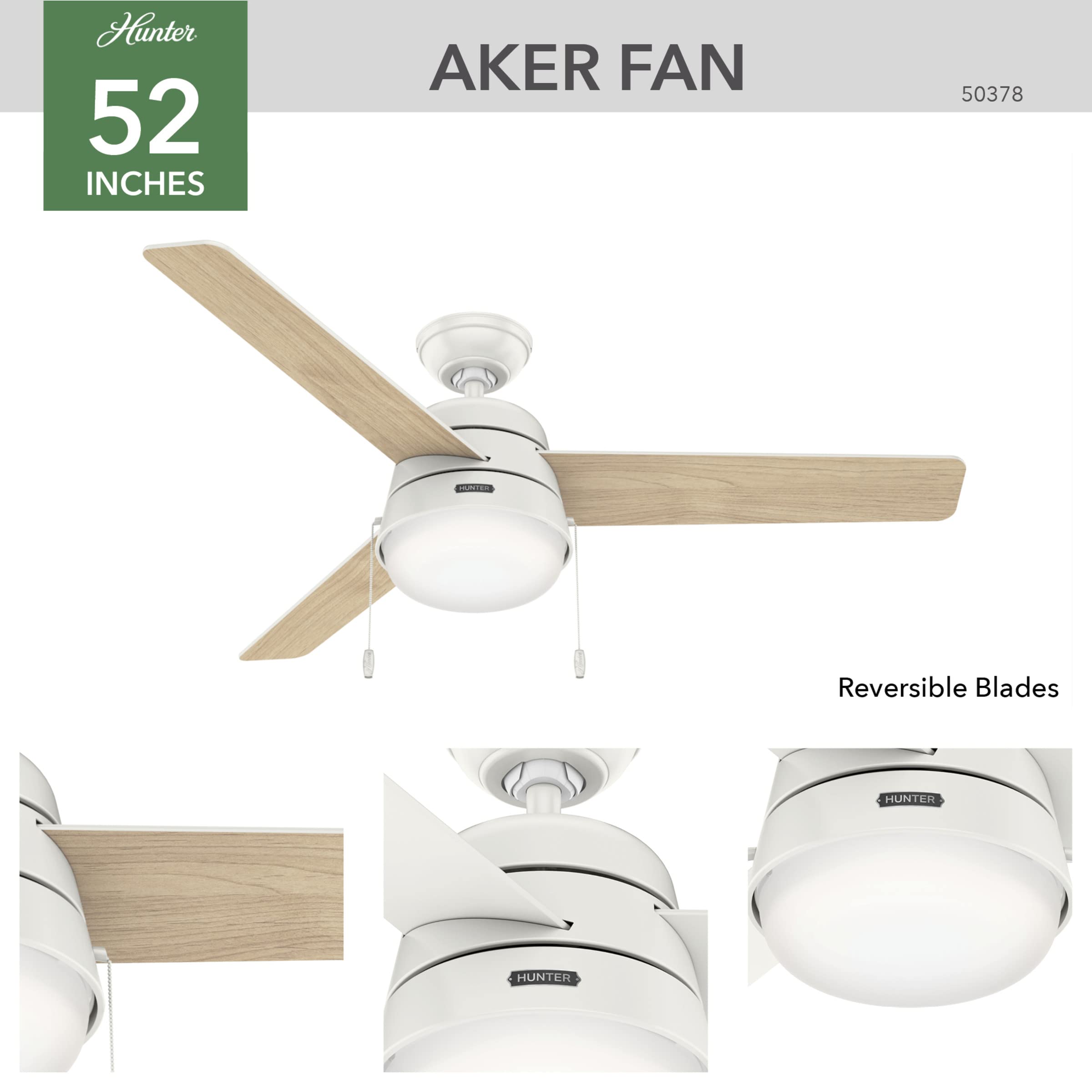 Hunter Fan Company, 50378, 52 inch Aker Fresh White Ceiling Fan with LED Light Kit and Pull Chain