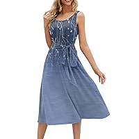 Dresses for Women 2024 Trendy Summer Beach Cotton Sleeveless Tank Dress Wrap Knot Dressy Casual Sundress with Pocket Today(1-Dark Blue,XX-Large)