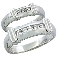 Sterling Silver Cubic Zirconia Wedding Band Ring 2-Piece Set 6.5 mm Him & Hers 5 mm Channel Set Princess, Sizes M 8-14 L 5-10