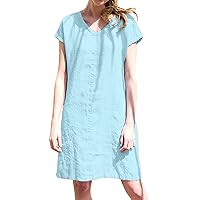 Women 2023 Summer Casual Dresses Women Solid Color V Neck Short Sleeve Casual Shirt Dress Beach Holiday Dress