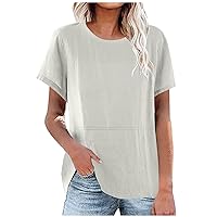 Womens Basic Cotton Linen Shirts Summer Short Sleeve Crewneck Casual Tee Tops Lightweight Loose Fit Tunic Blouses