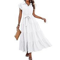 dowerme Women's Summer Casual Dresses 2024 Cap Ruffle Sleeve V Neck Button Belted Tiered Boho Maxi Dress with Pockets