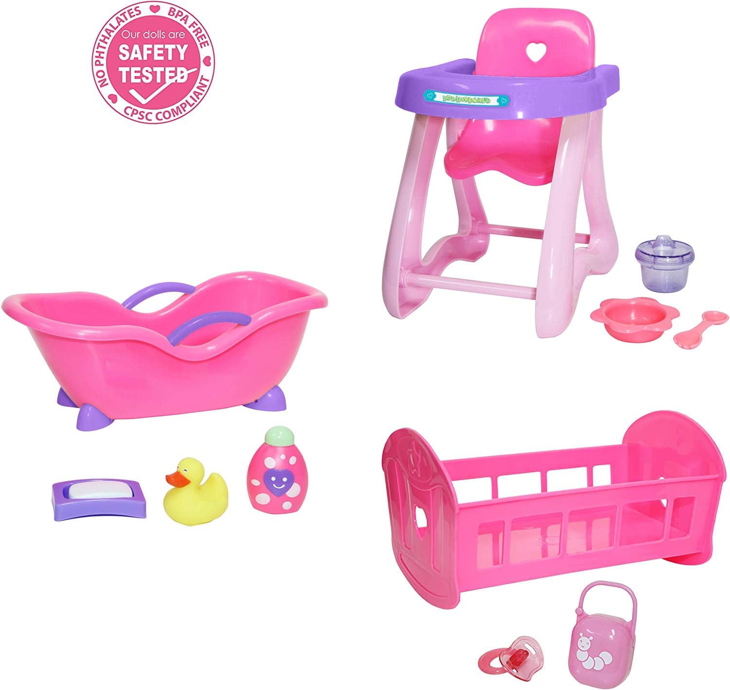 JC Toys Deluxe Doll Accessory Bundle | High Chair, Crib, Bath and Extra Accessories for Dolls up to 11