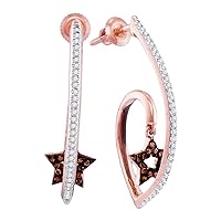10kt Rose Gold Womens Round Red Color Enhanced Diamond Star Dangle Earrings 1/4 Cttw