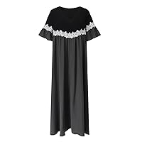 Women's 2023 Short Sleeve Patchwork Long Dress Crewneck Casual Loose Midi Dresses