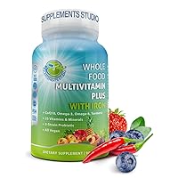Whole Food Multivitamin Plus with Iron, Daily Vegan Multivitamin for Women and Men, Organic Fruits & Vegetables, B-Complex, Probiotics, Enzymes, CoQ10, Omegas, Turmeric, All Natural, Non-GMO, 90 Count
