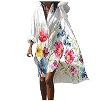 Women's Spring Dresses Floral Print Long Sleeves Buttons Cardigan Loose Shirt Dress Cute Summer Dresses