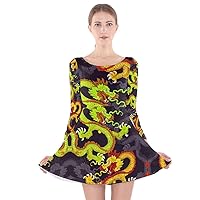CowCow Womens Velvet Skater Dress Dragon Floral Butterfly Slimming Print Long Sleeve Velvet Bodycon Dress, XS-3XL