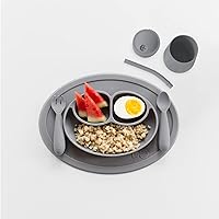 ezpz Mini Collection Set (Gray) - 100% Silicone Cup + Straw, Fork, Spoon & Mini Mat Suction Plate with Built-in Placemat for Infants + Toddlers - First Foods + Self-Feeding - 12 Months+