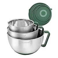 Mixing Bowls Set: Stainless Steel Non-Slip Bowls with Pour Spout, Handle and Lid - Set of 3 - Green