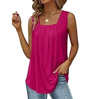 Saloogoe Summer Tank Tops for Women Loose Fit Pleated Square Neck Sleeveless Tops Curved Hem Flowy