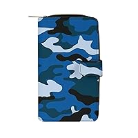 Navy Blue Camo Womens Leather Wallets Slim Card Holder Purse RFID Blocking Bifold Clutch Handbag Zippered Pocket