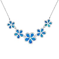 Gemstone Statement Blue Created Opal Multi 5 Plumeria Hawaiian Flower Collar Necklace For Women Girlfriend .925 Sterling Silver October Birthstone