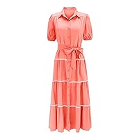 Women's Summer Button Down Shirt Dress Short Puffy Sleeve Tiered Ruffle A Line Flowy Elegant Long Maxi Dresses Plus Size Easter Dress for Women (B1-Orange,XX-Large)