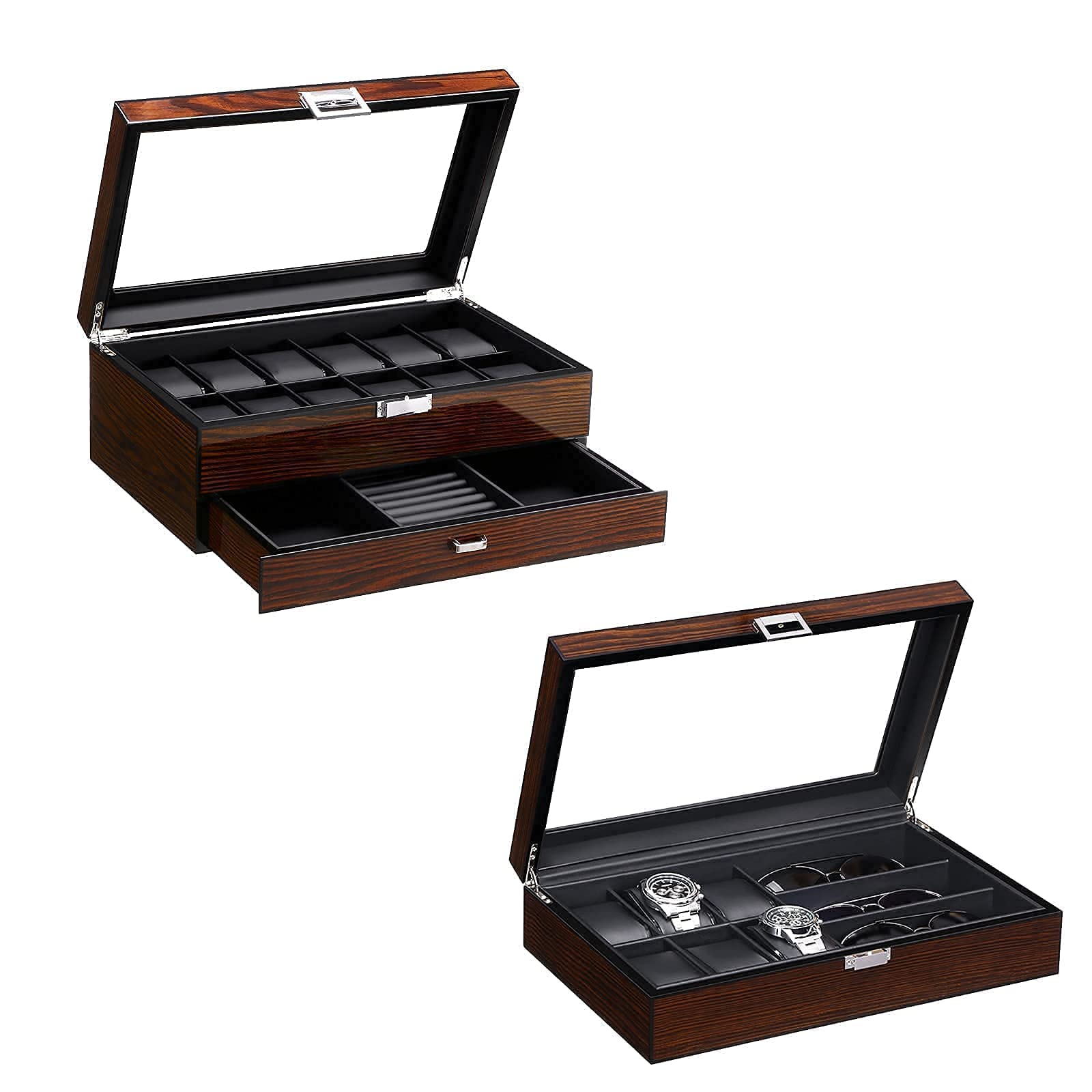 BEWISHOME 12 Watch Box with Valet Drawer & 6 Watch Case and 3 Slots Sunglasses Box for Men Bundle