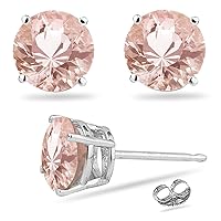 Natural Morganite Round Stud Earrings in 14K White Gold Available in 7mm - 8mm